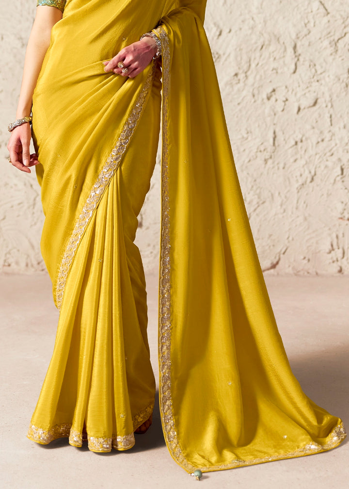 Cyber Yellow Tissue Saree with Dhaga,Thread & Sequin Embellishments
