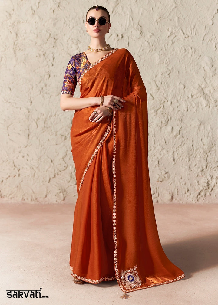 Rust Orange Tissue Saree with Dhaga,Thread & Sequin Embellishments