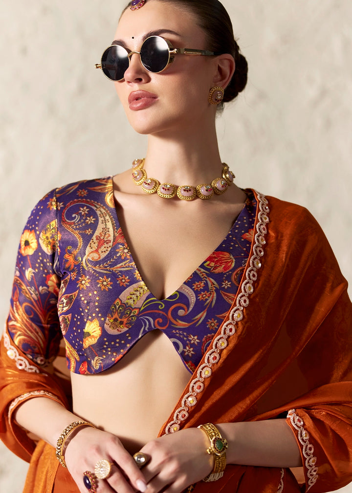 Rust Orange Tissue Saree with Dhaga,Thread & Sequin Embellishments