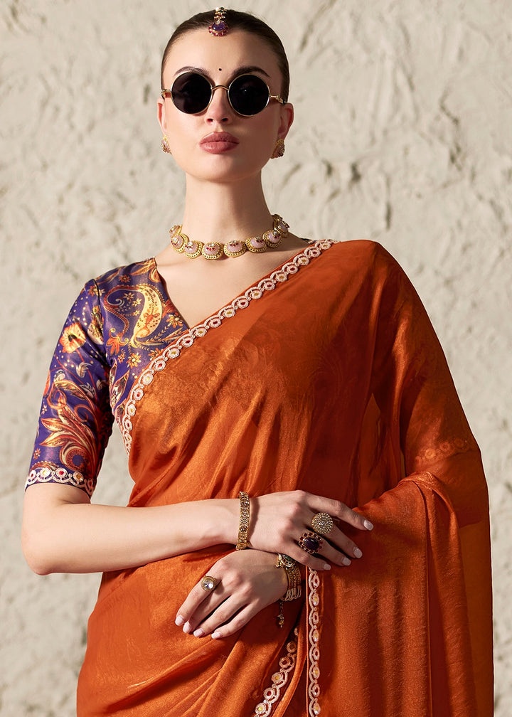 Rust Orange Tissue Saree with Dhaga,Thread & Sequin Embellishments