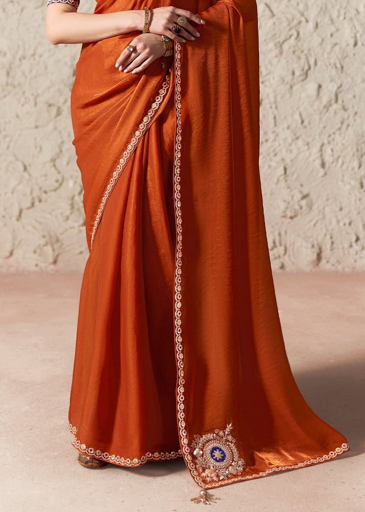 Rust Orange Tissue Saree with Dhaga,Thread & Sequin Embellishments