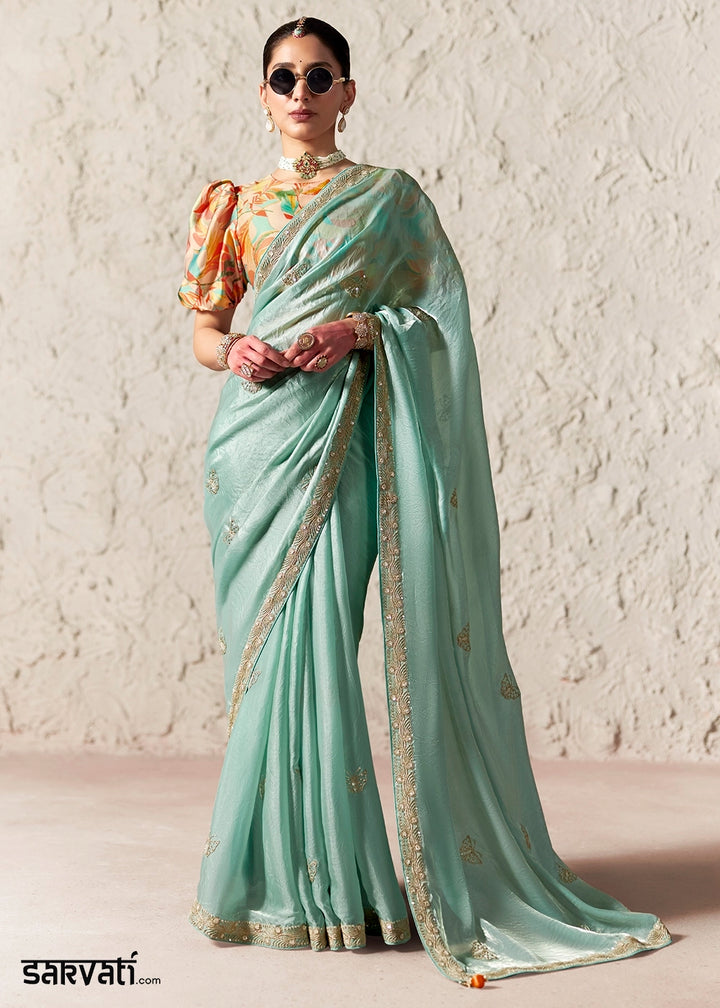 Ice Blue Tissue Saree with Dhaga,Thread & Sequin Embellishments