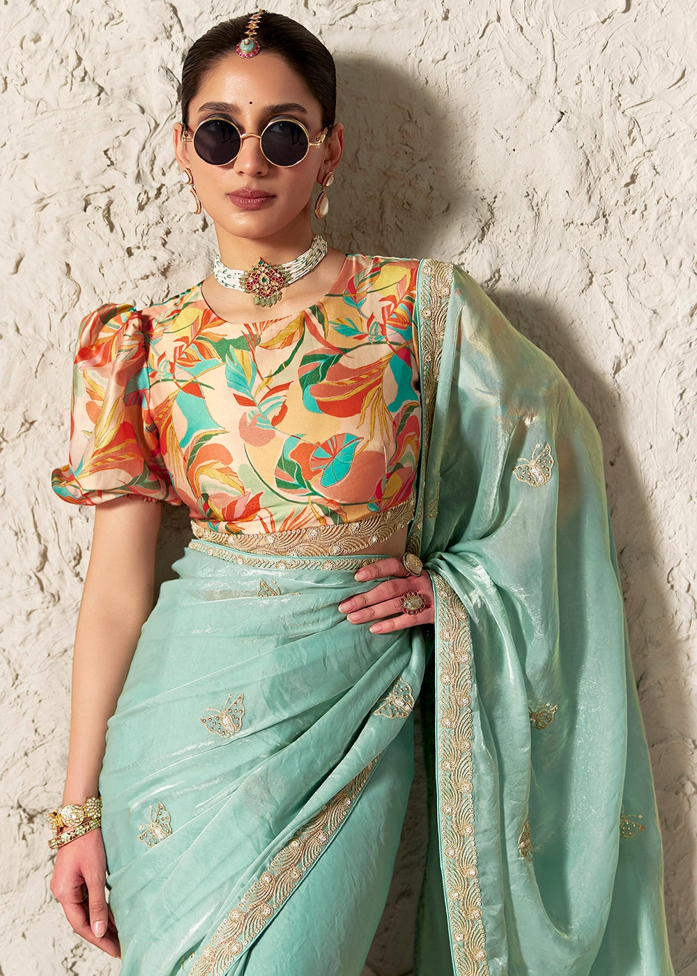 Ice Blue Tissue Saree with Dhaga,Thread & Sequin Embellishments