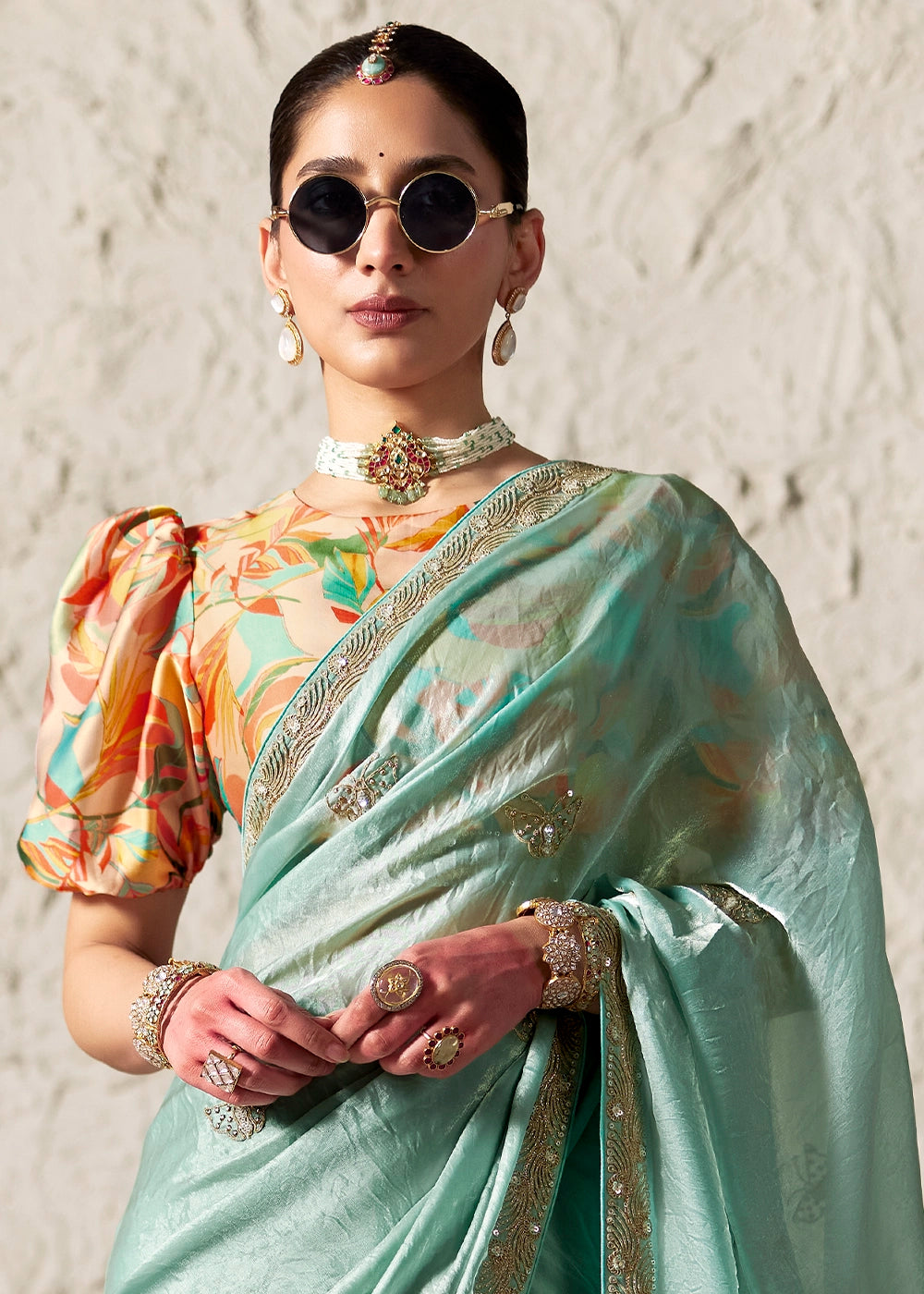 Ice Blue Tissue Saree with Dhaga,Thread & Sequin Embellishments
