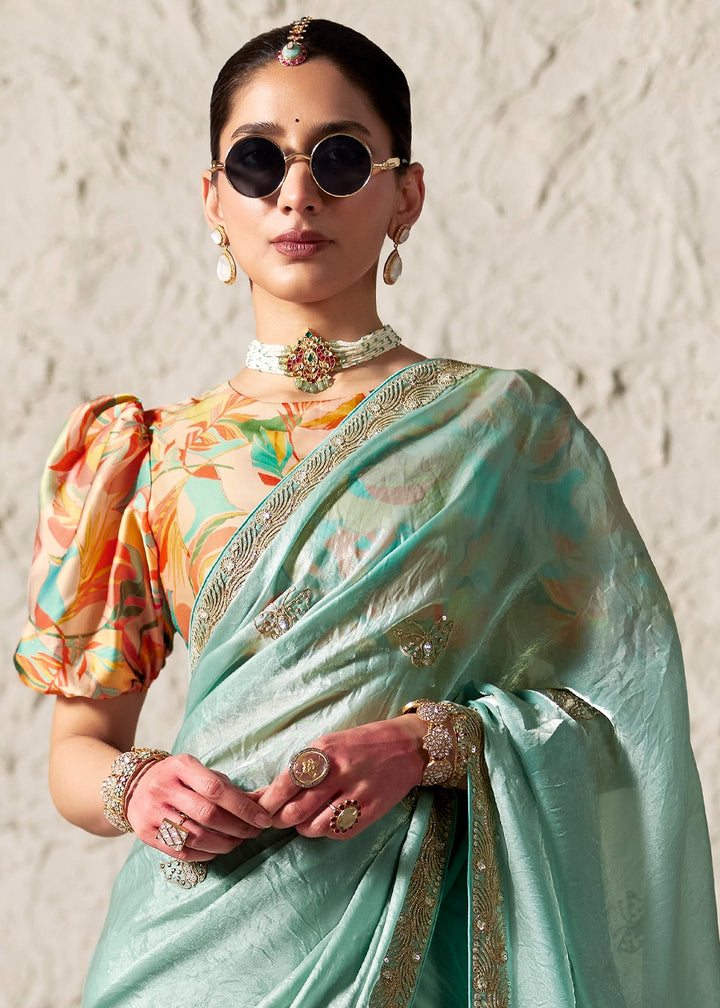 Ice Blue Tissue Saree with Dhaga,Thread & Sequin Embellishments