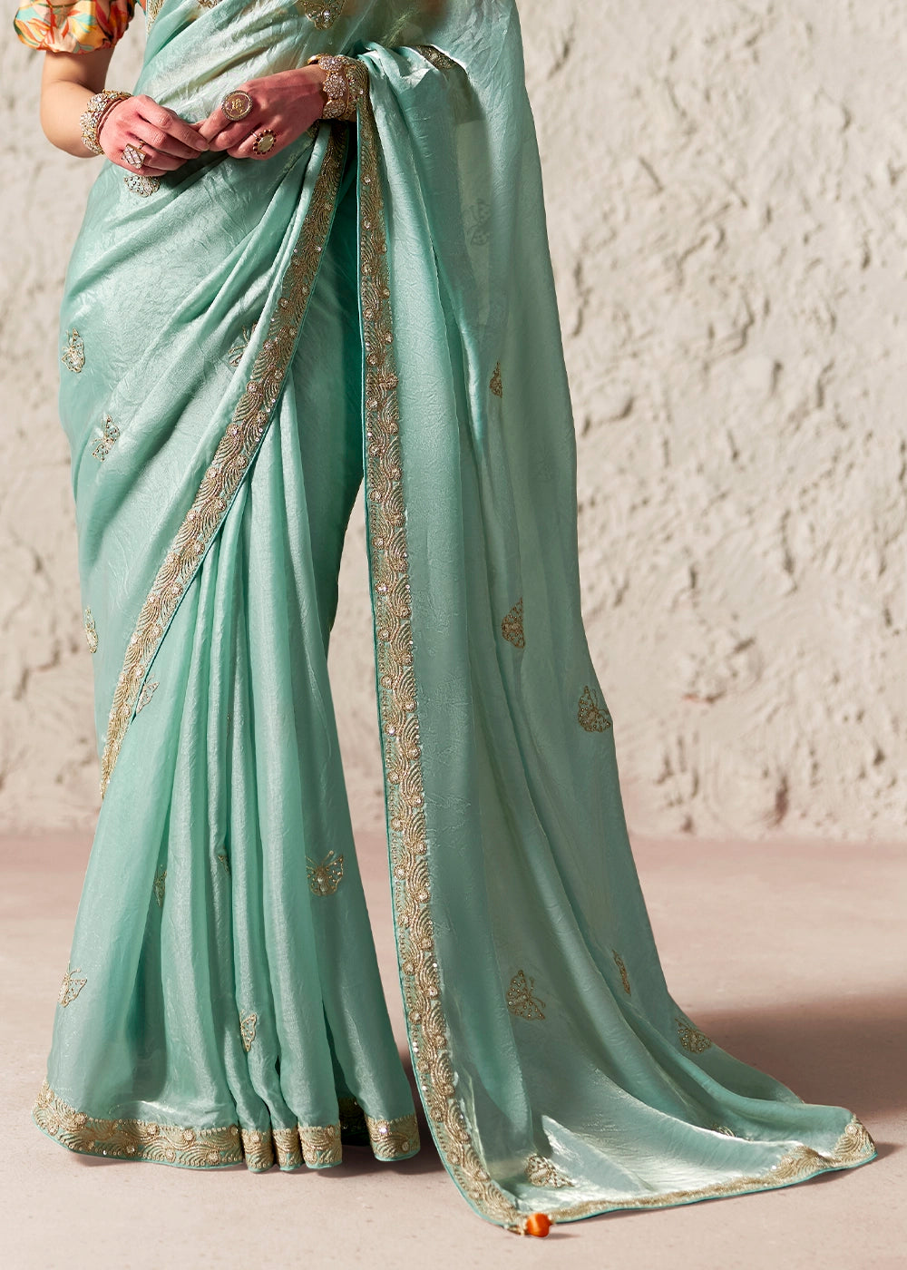 Ice Blue Tissue Saree with Dhaga,Thread & Sequin Embellishments