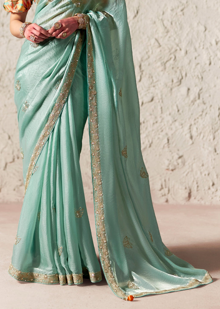 Ice Blue Tissue Saree with Dhaga,Thread & Sequin Embellishments
