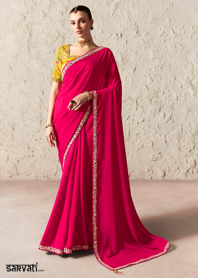 Hot Pink Tissue Saree with Dhaga,Thread & Sequin Embellishments