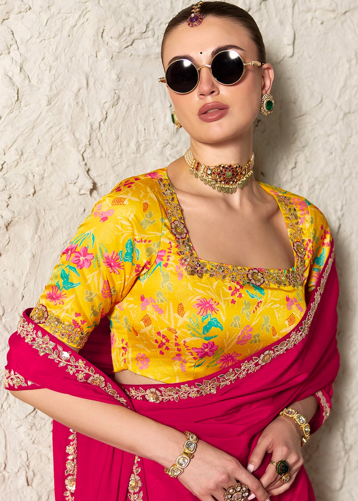 Hot Pink Tissue Saree with Dhaga,Thread & Sequin Embellishments