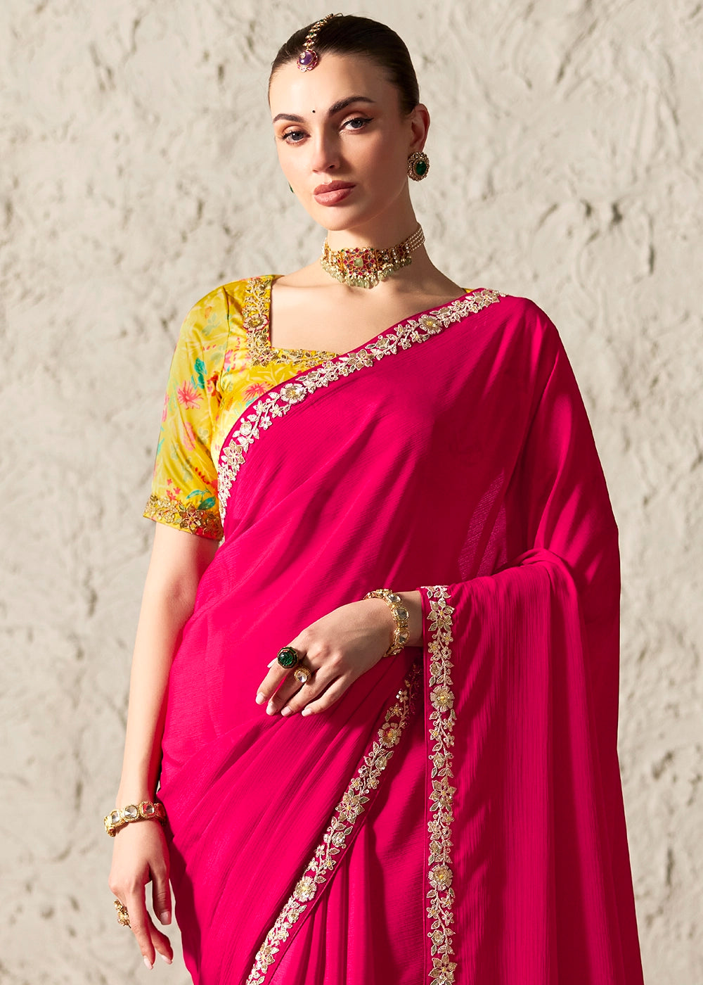 Hot Pink Tissue Saree with Dhaga,Thread & Sequin Embellishments