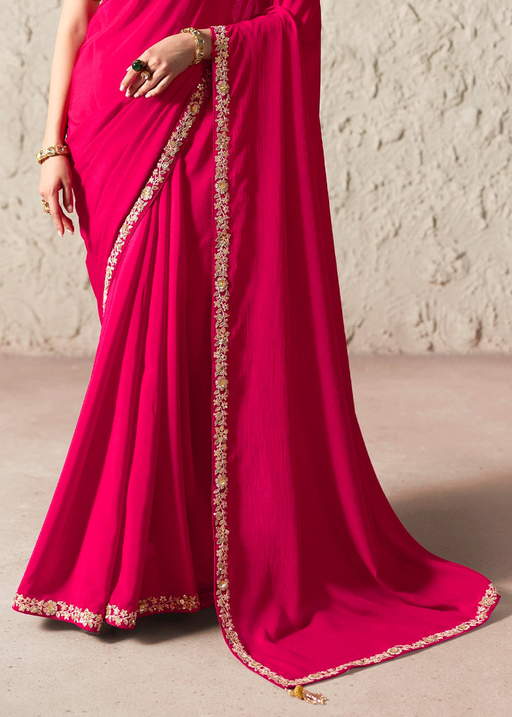 Hot Pink Tissue Saree with Dhaga,Thread & Sequin Embellishments