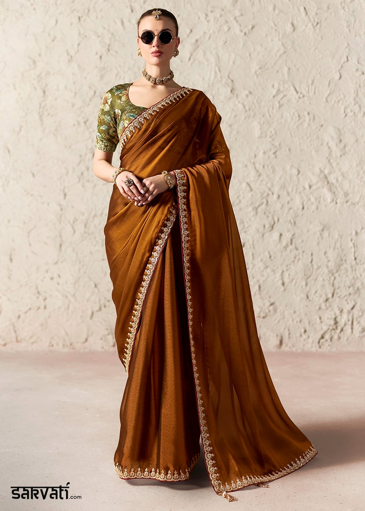 Bronze Brown Tissue Saree with Dhaga,Thread & Sequin Embellishments