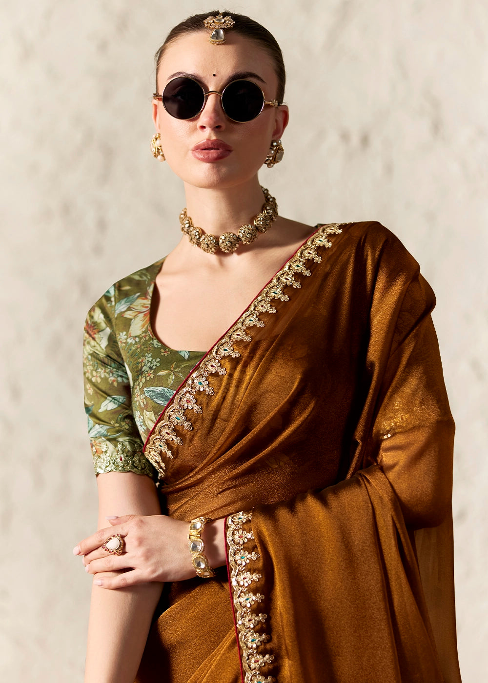 Bronze Brown Tissue Saree with Dhaga,Thread & Sequin Embellishments