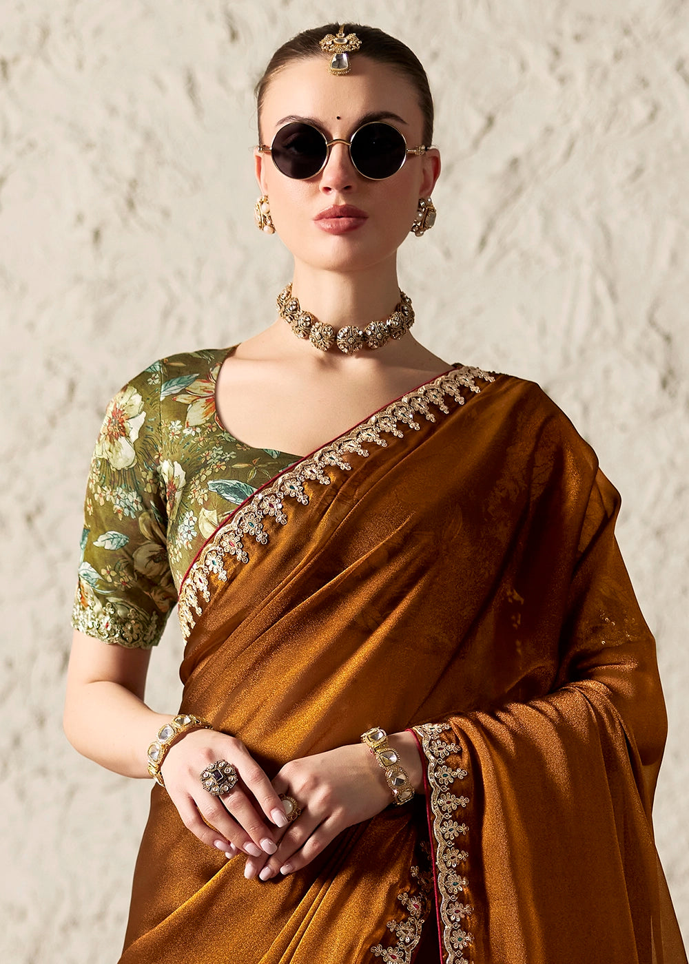 Bronze Brown Tissue Saree with Dhaga,Thread & Sequin Embellishments