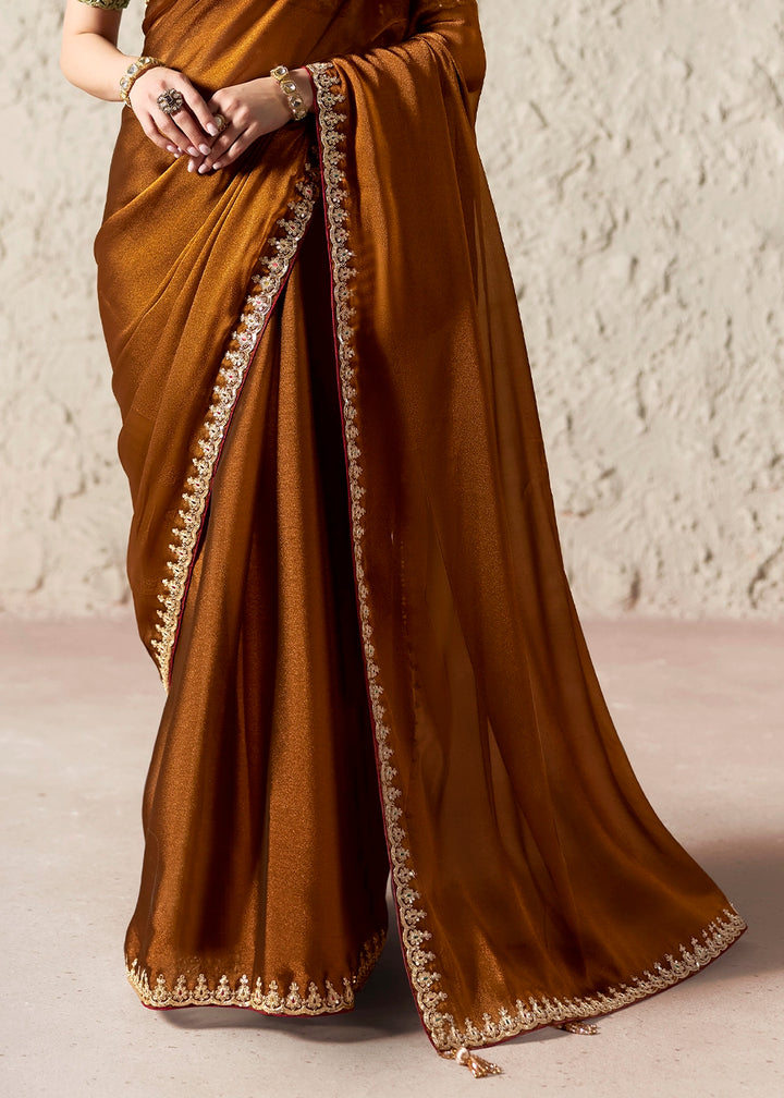 Bronze Brown Tissue Saree with Dhaga,Thread & Sequin Embellishments
