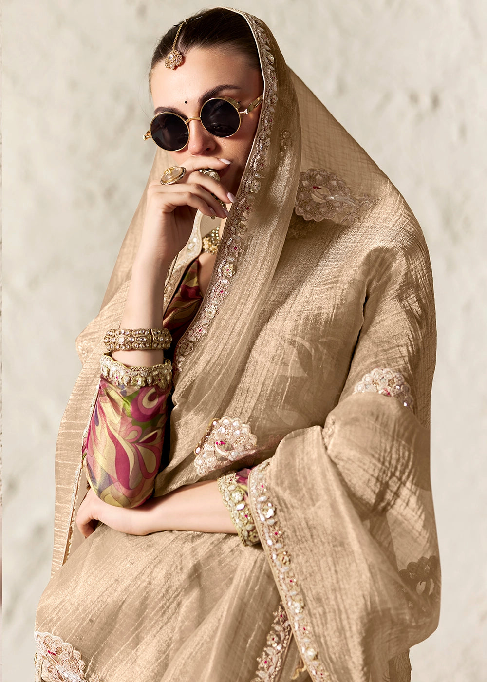 Beige Brown Tissue Saree with Dhaga,Thread & Sequin Embellishments