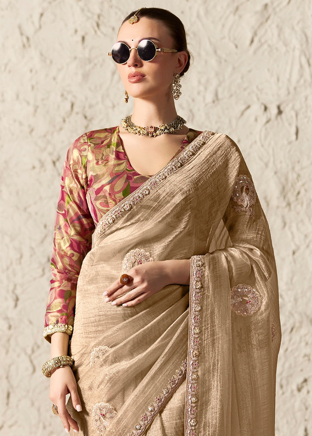 Beige Brown Tissue Saree with Dhaga,Thread & Sequin Embellishments
