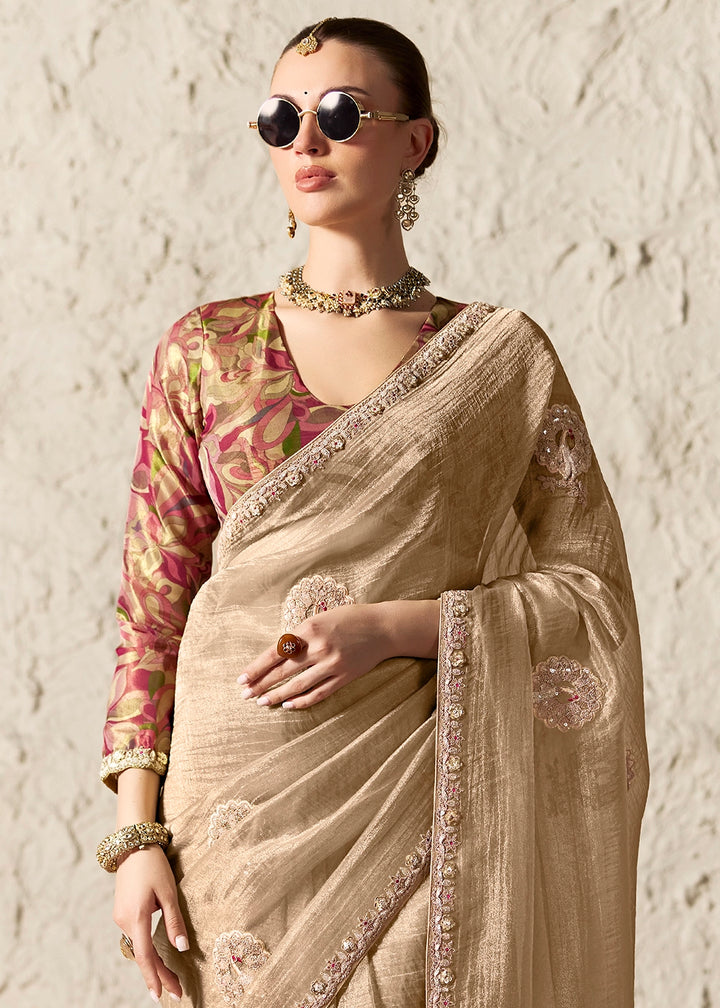 Beige Brown Tissue Saree with Dhaga,Thread & Sequin Embellishments