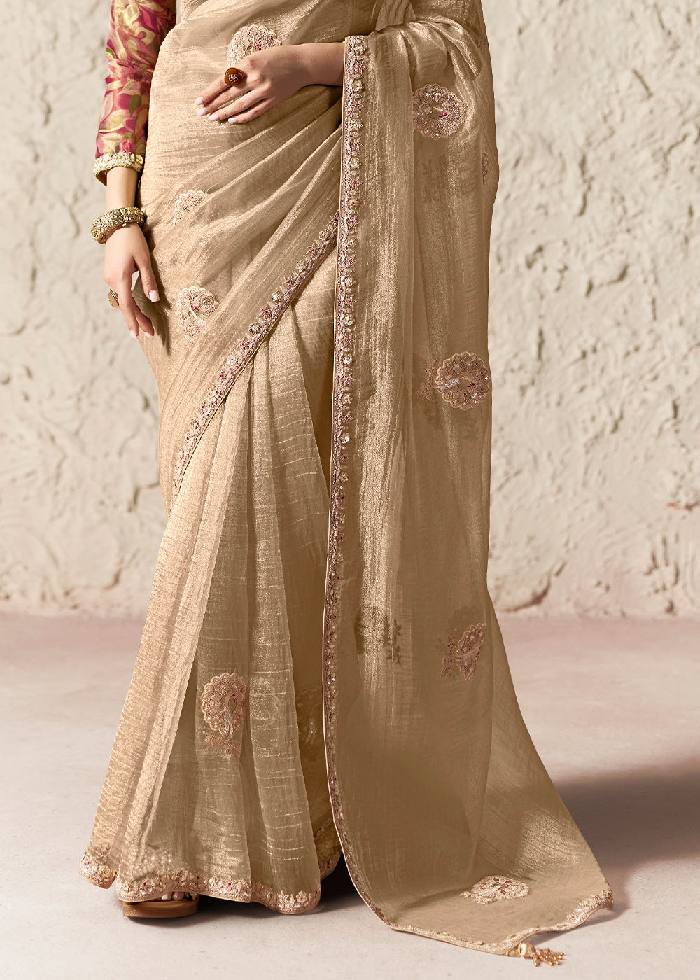 Beige Brown Tissue Saree with Dhaga,Thread & Sequin Embellishments