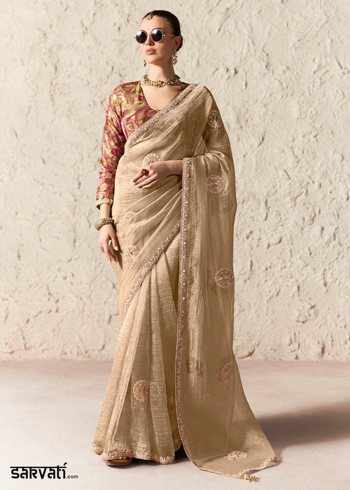 Beige Brown Tissue Saree with Dhaga,Thread & Sequin Embellishments