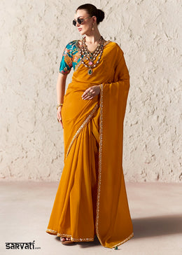 Dark Mustard Yellow Tissue Saree with Dhaga,Thread & Sequin Embellishments