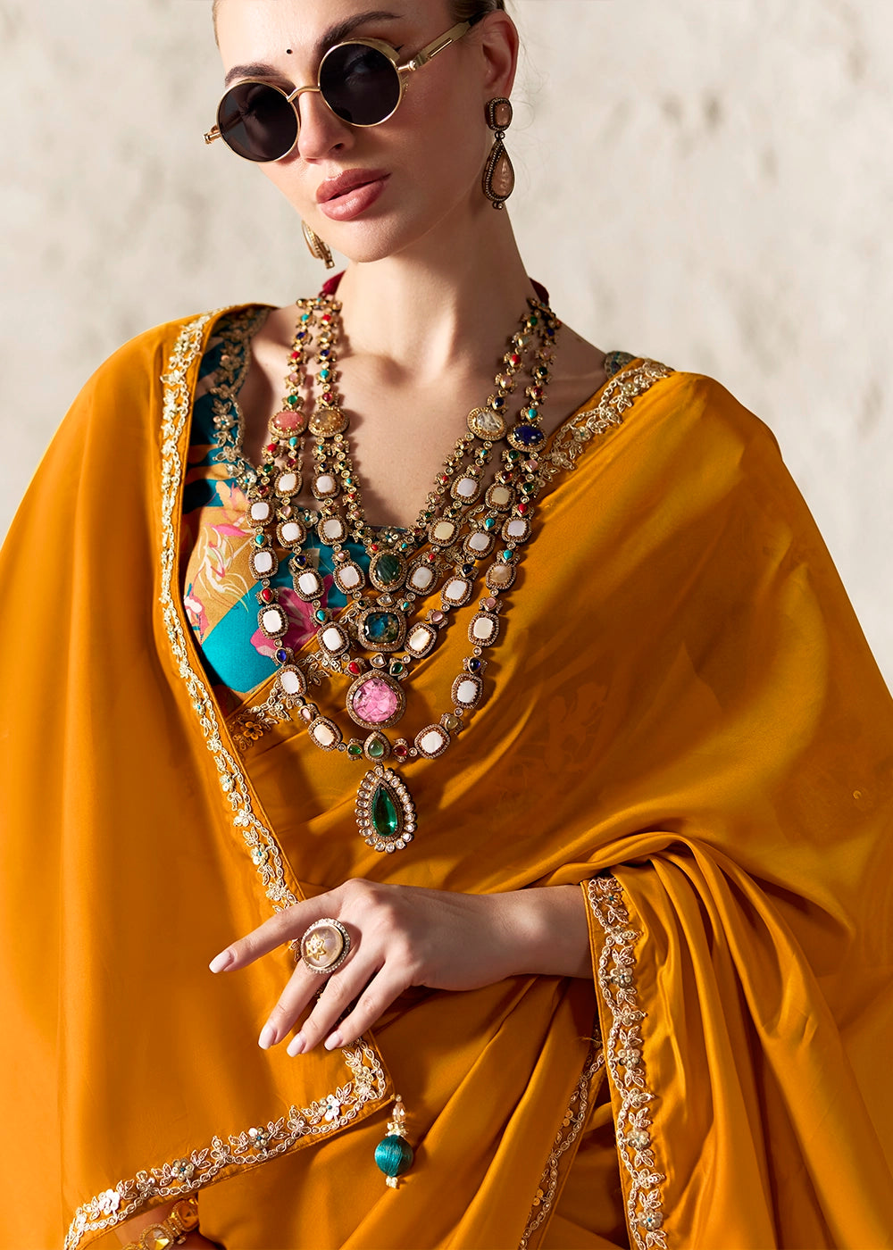 Dark Mustard Yellow Tissue Saree with Dhaga,Thread & Sequin Embellishments