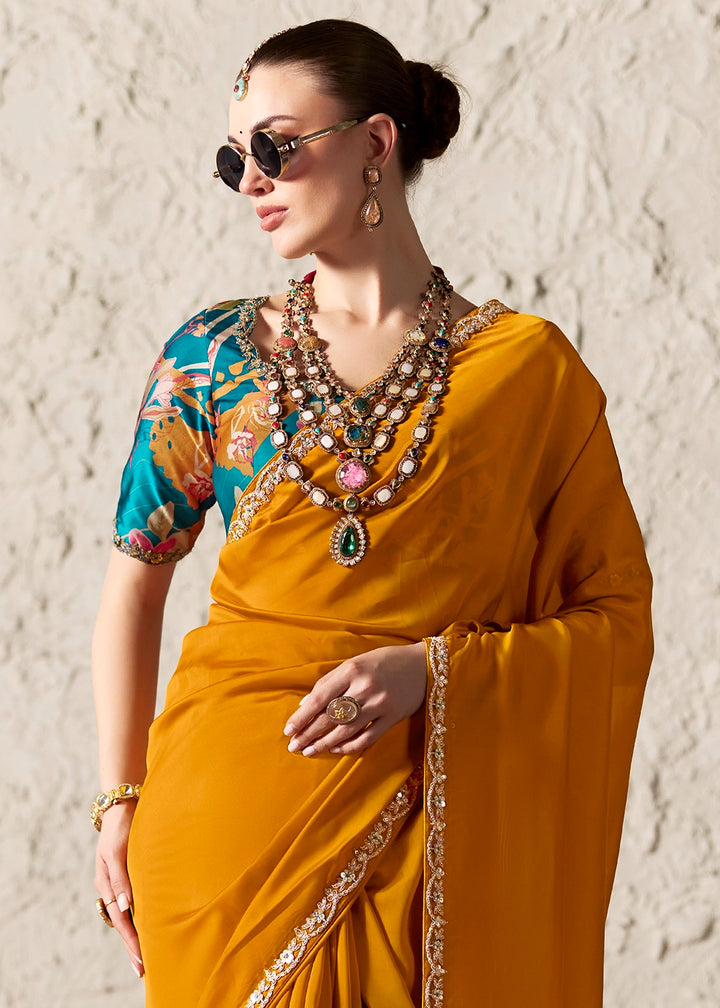 Dark Mustard Yellow Tissue Saree with Dhaga,Thread & Sequin Embellishments