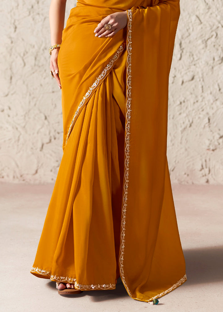 Dark Mustard Yellow Tissue Saree with Dhaga,Thread & Sequin Embellishments
