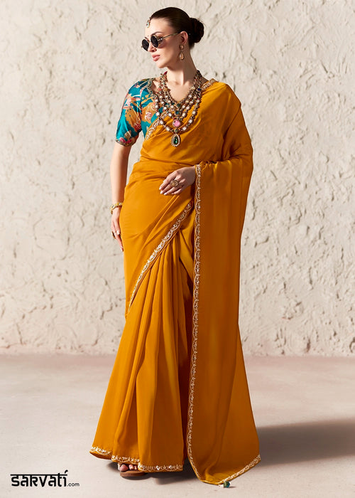 Dark Mustard Yellow Tissue Saree with Dhaga,Thread & Sequin Embellishments