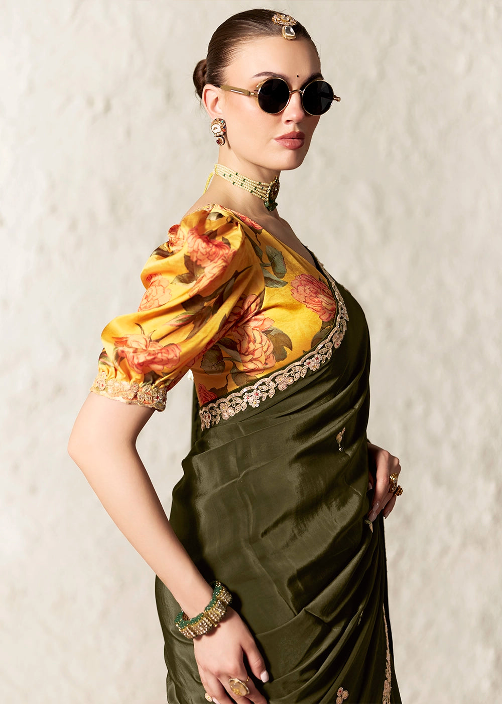 Army Green Tissue Saree with Dhaga,Thread & Sequin Embellishments