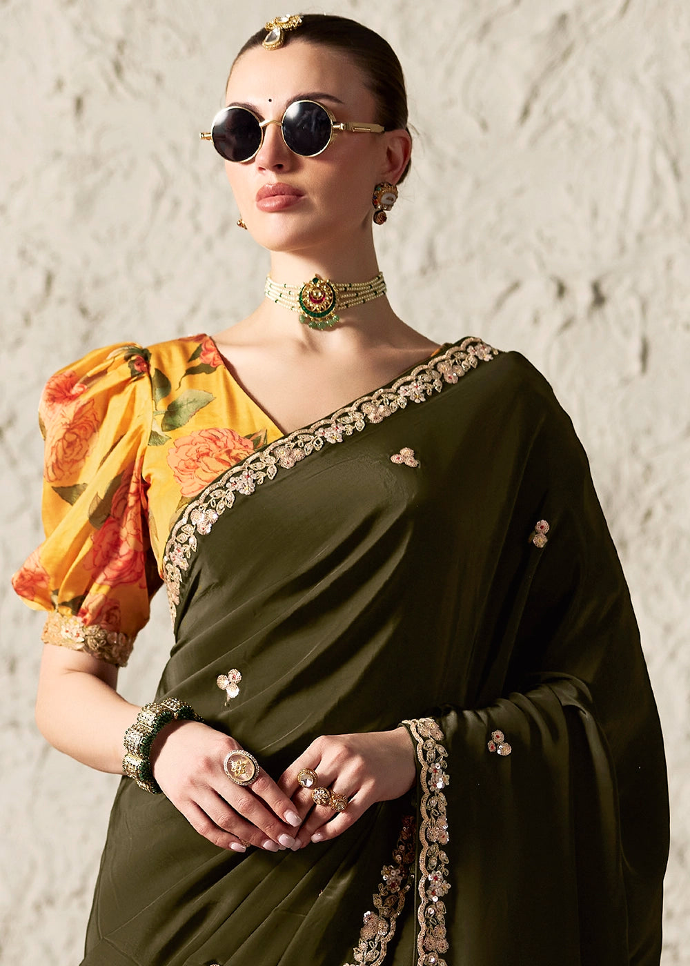 Army Green Tissue Saree with Dhaga,Thread & Sequin Embellishments