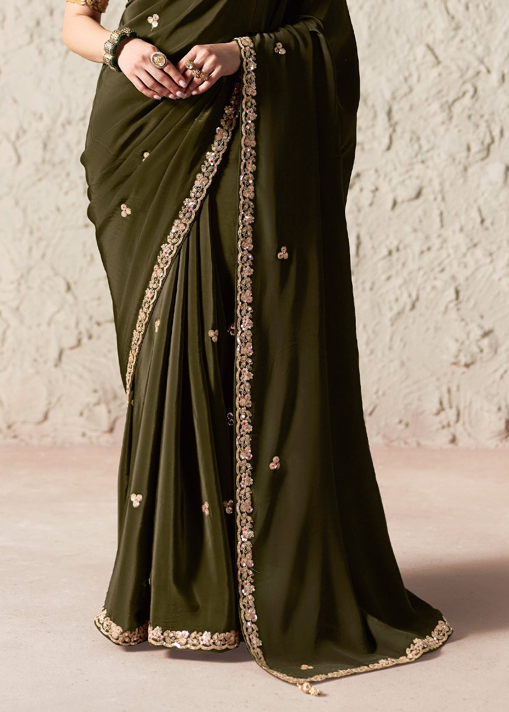 Army Green Tissue Saree with Dhaga,Thread & Sequin Embellishments