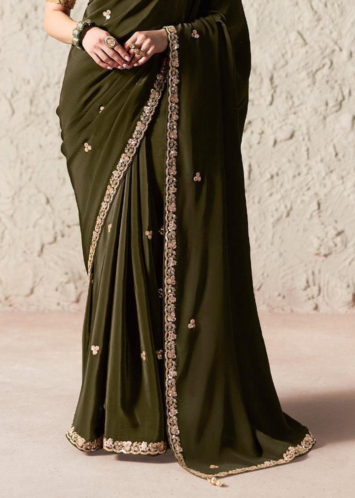 Army Green Tissue Saree with Dhaga,Thread & Sequin Embellishments