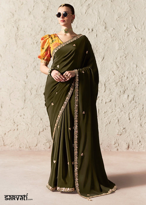 Army Green Tissue Saree with Dhaga,Thread & Sequin Embellishments