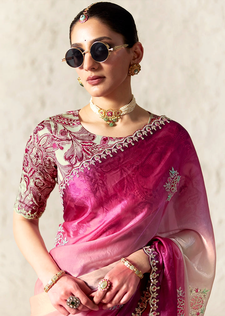 Shades of Pink Tissue Saree with Dhaga,Thread & Sequin Embellishments