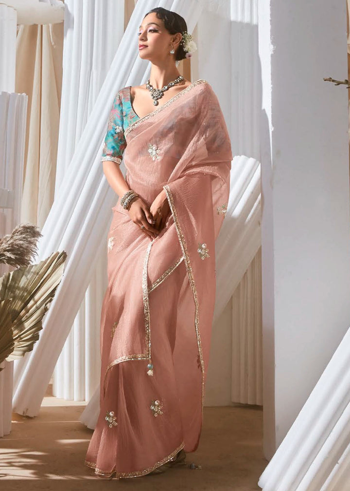 Millenial Pink Tissue Saree with Dhaga,Thread & Sequin Embellishments