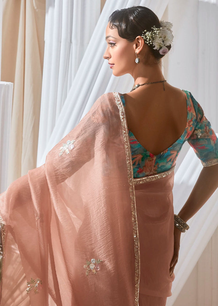 Millenial Pink Tissue Saree with Dhaga,Thread & Sequin Embellishments