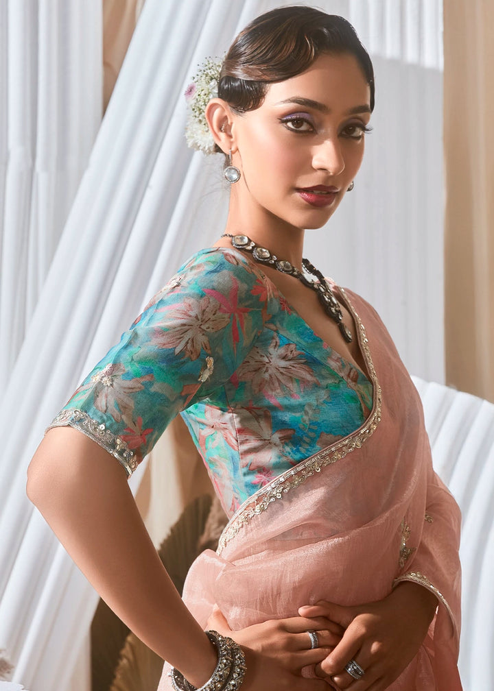 Millenial Pink Tissue Saree with Dhaga,Thread & Sequin Embellishments