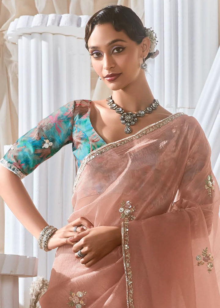 Millenial Pink Tissue Saree with Dhaga,Thread & Sequin Embellishments