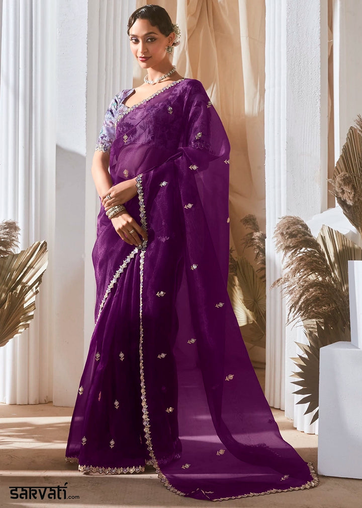 Eggplant Purple Tissue Saree with Dhaga,Thread & Sequin Embellishments