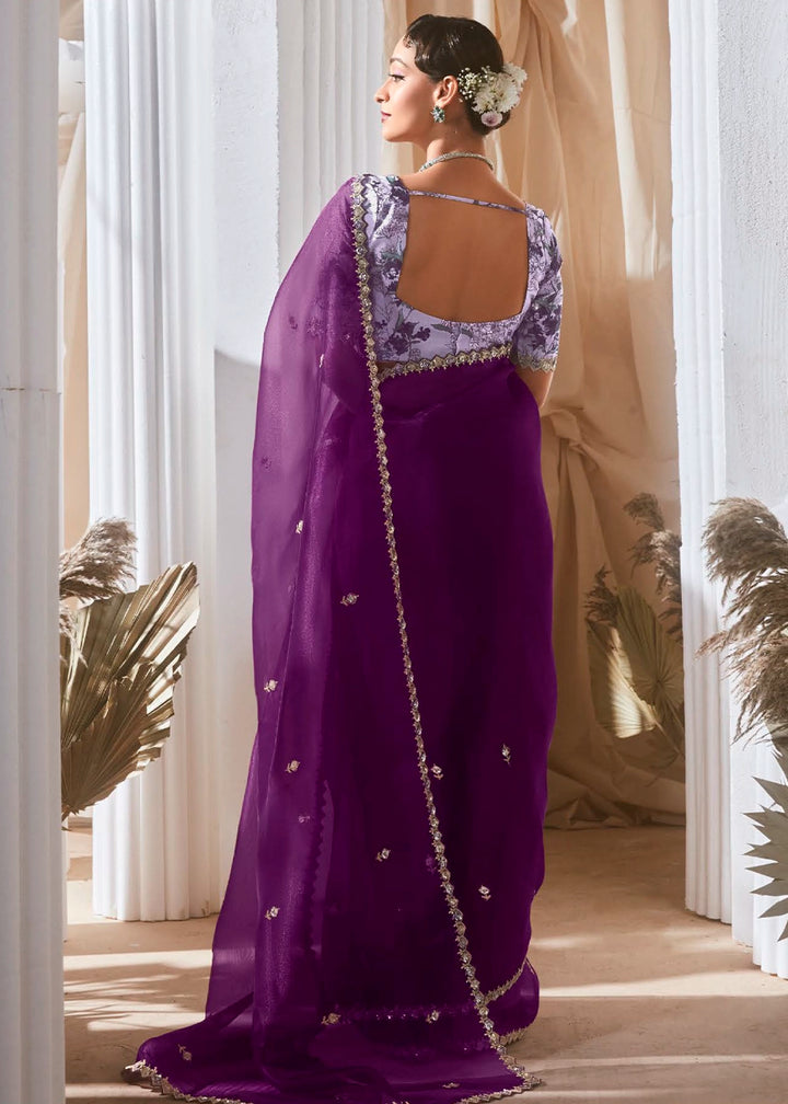 Eggplant Purple Tissue Saree with Dhaga,Thread & Sequin Embellishments