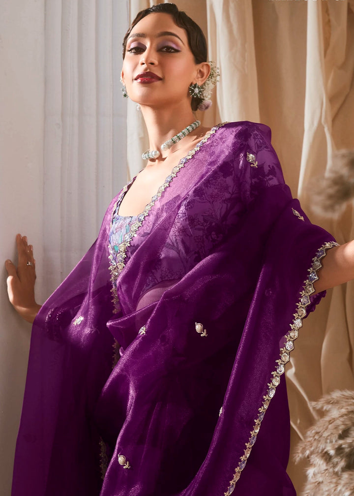 Eggplant Purple Tissue Saree with Dhaga,Thread & Sequin Embellishments