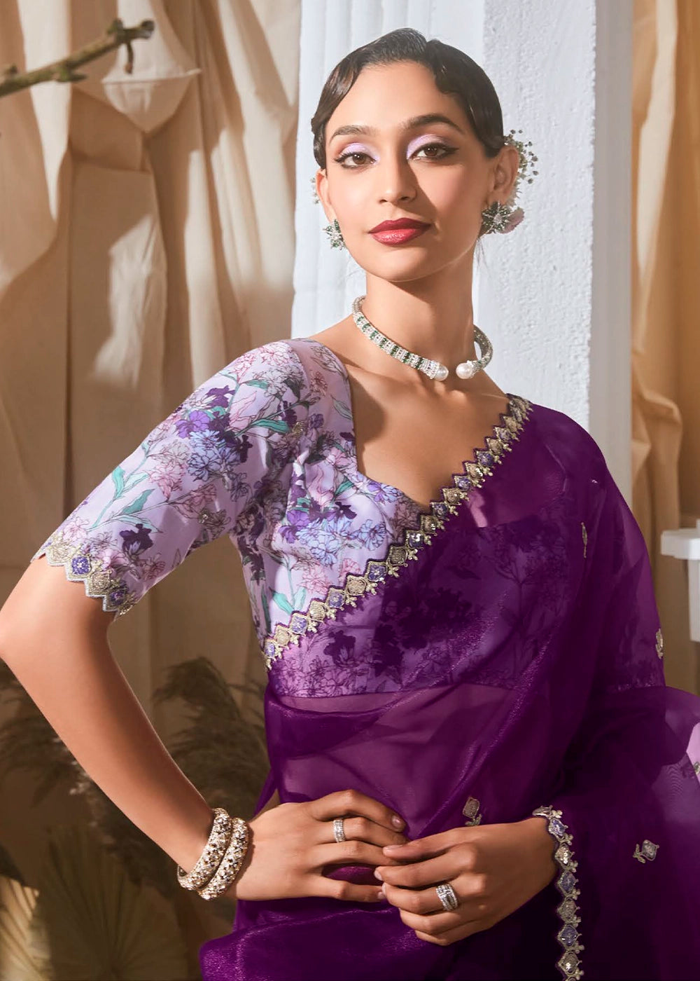 Eggplant Purple Tissue Saree with Dhaga,Thread & Sequin Embellishments