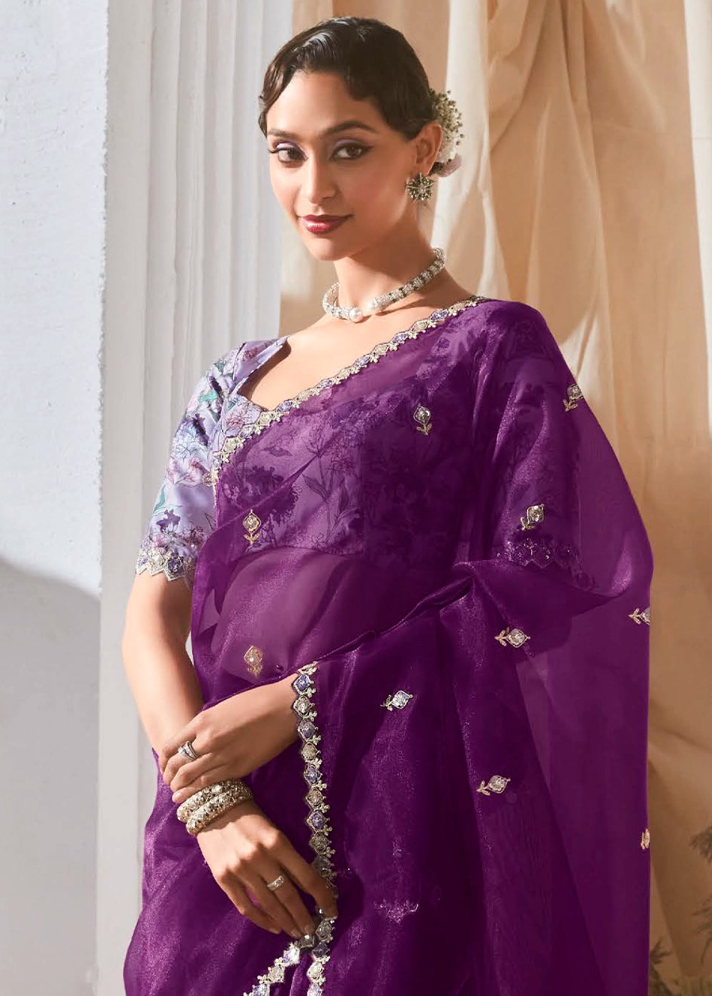 Eggplant Purple Tissue Saree with Dhaga,Thread & Sequin Embellishments