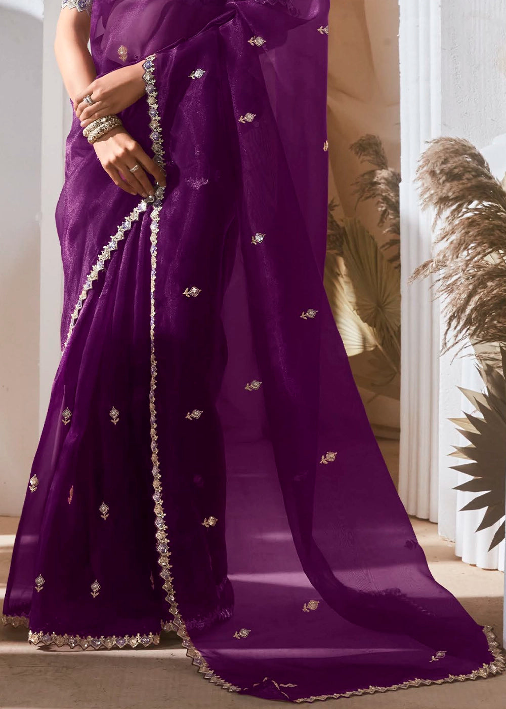 Eggplant Purple Tissue Saree with Dhaga,Thread & Sequin Embellishments