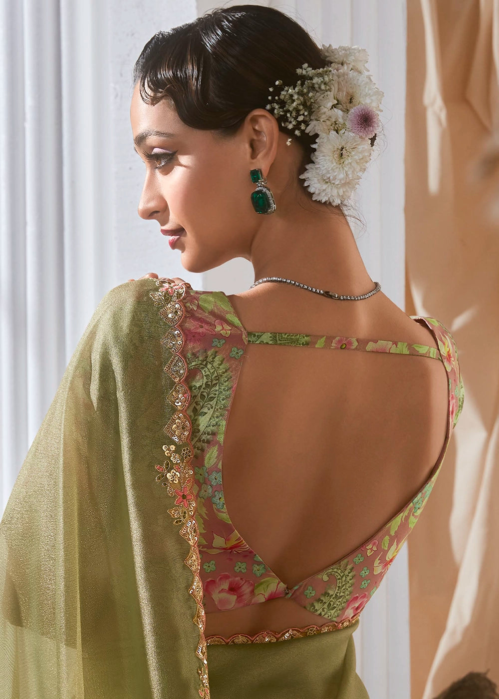 Pear Green Tissue Saree with Dhaga,Thread & Sequin Embellishments