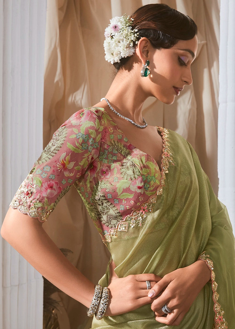 Pear Green Tissue Saree with Dhaga,Thread & Sequin Embellishments