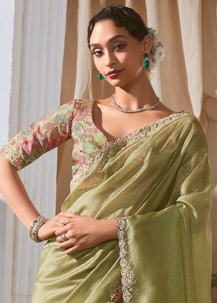 Pear Green Tissue Saree with Dhaga,Thread & Sequin Embellishments