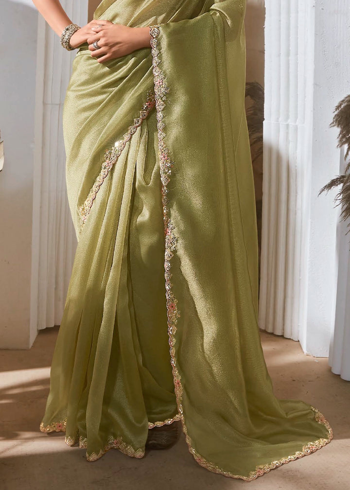 Pear Green Tissue Saree with Dhaga,Thread & Sequin Embellishments