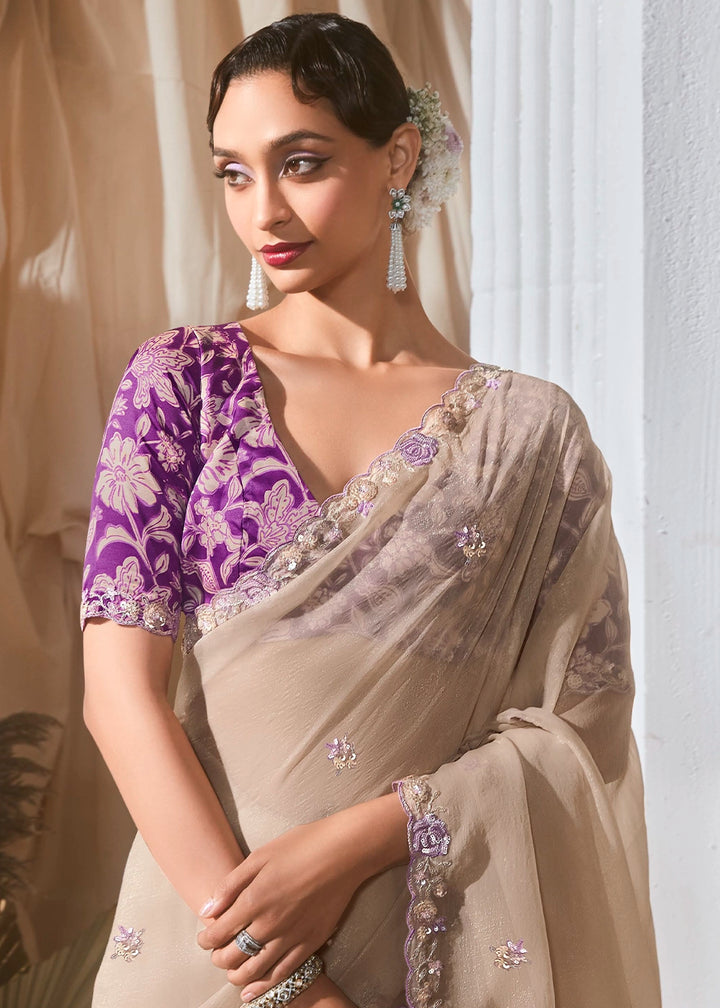 Light Beige Brown Tissue Saree with Dhaga,Thread & Sequin Embellishments